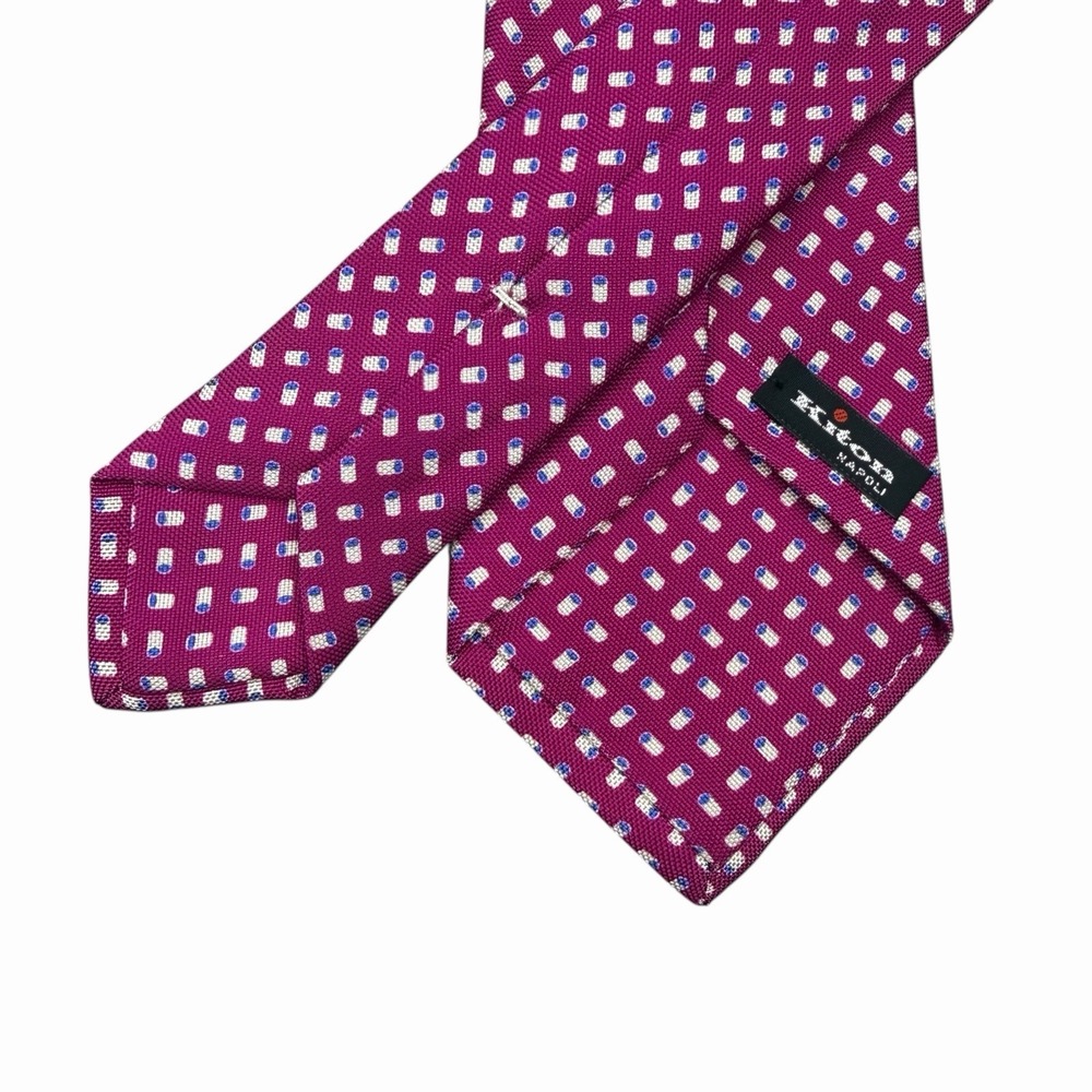 Kiton Napoli 7-Fold Seven Fold Tie Fuchsia Geometric Silk Woven 3 5/8" x 61" euc